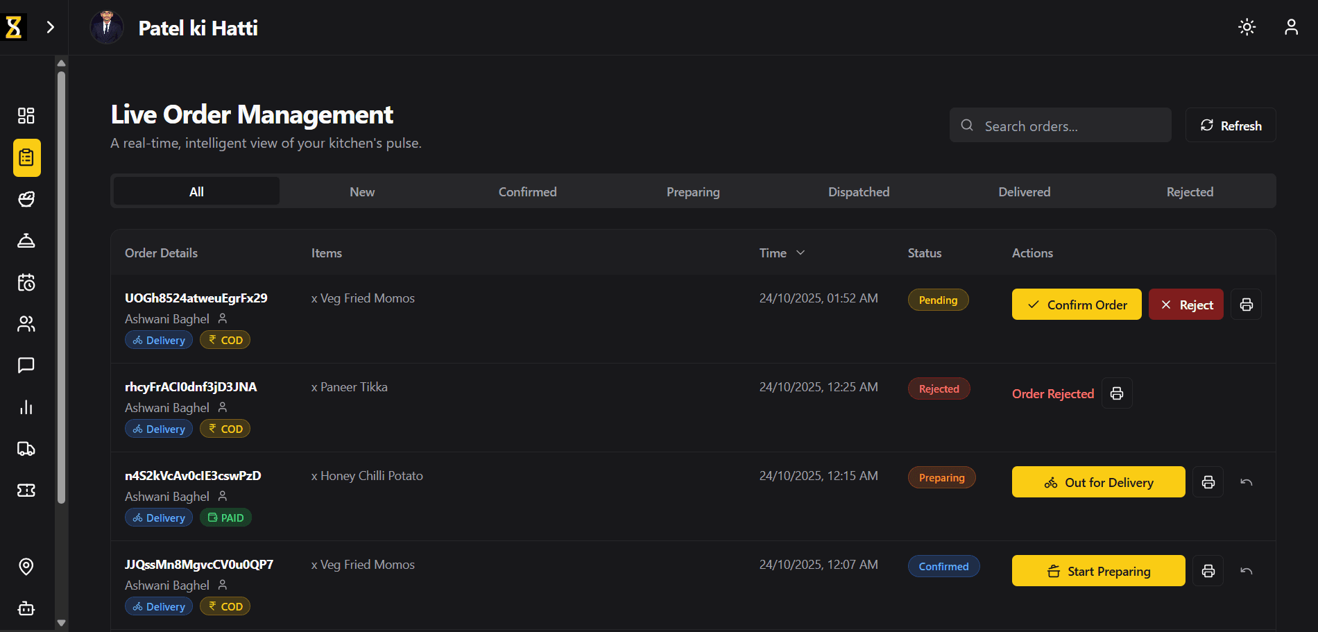 Live Order Dashboard Mockup